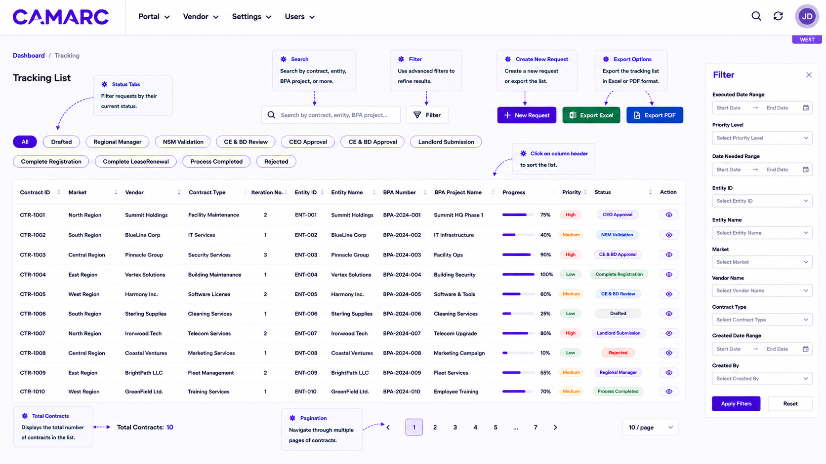 CAMARC tracking list showing contract statuses, assignees, and due dates.